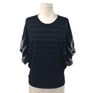 Gil Bret Black Knit Wool Batwing Pullover Top, Silver & White Stripes, Size 10